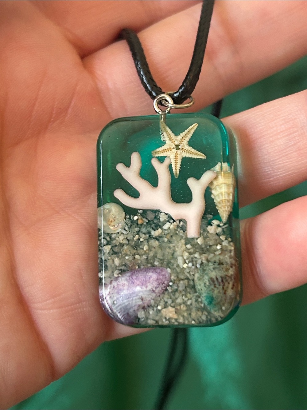 Handcrafted Green Coral Pendant Necklace with shells